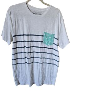 White and Blue Striped Men's Tee with Green Pocket